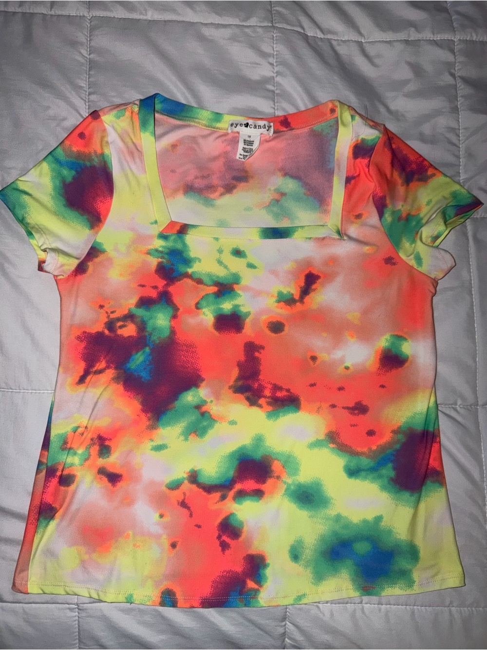 Eye Candy Neon Tie-Dye Square Neck Short Sleeve Top - 1X